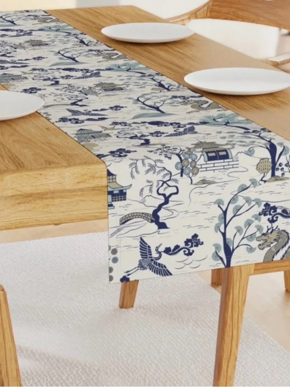 Spoonflower Japanese Village Chinoiserie Pagoda Blue Table Runner